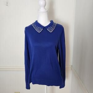 New Loft Sweater Sz Medium Women Blue Embellished Peter Pan Collar Career Casual